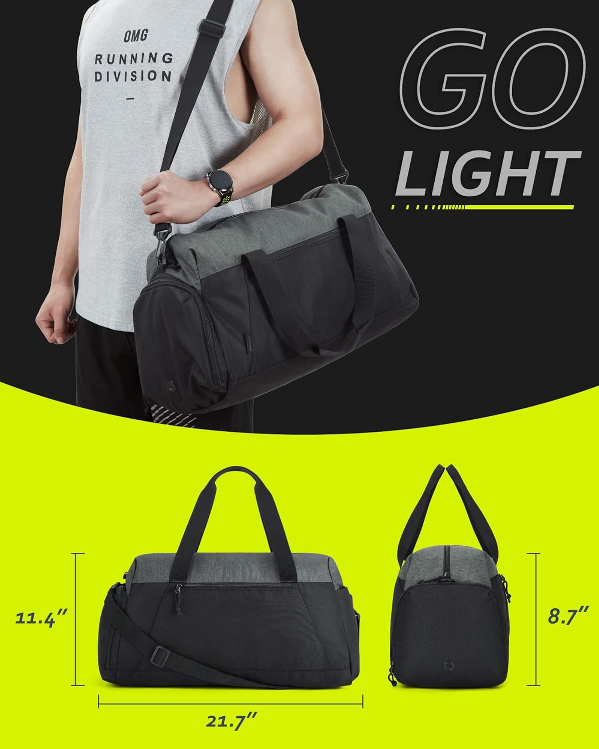 Gym Bags for Men， BAGSMART Foldable Sports Duffle Bag， Lightweight Weekender Duffel Bag With Shoe Compartment， Water Resistant Workout Duffle Sports Bag for Travel Fitness Swimming Yoga， Grey - Image 6